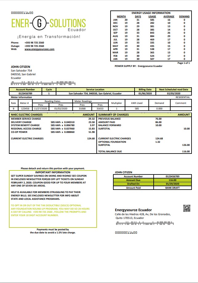 Ecuador Energysource Ecuador energy utility bill template in Word and PDF format